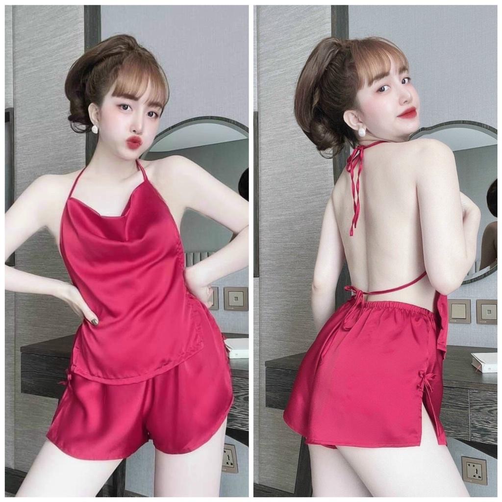 Đồ ngủ sexy nữ, sét yếm nữ mùa hè gợi cảm chất satin mềm mịn