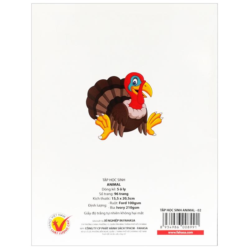 Combo 5 Tập Học Sinh Animal 5 Ô Ly 96 Trang 100gsm - FAHASA (Mẫu Bìa Giao Ngẫu Nhiên)