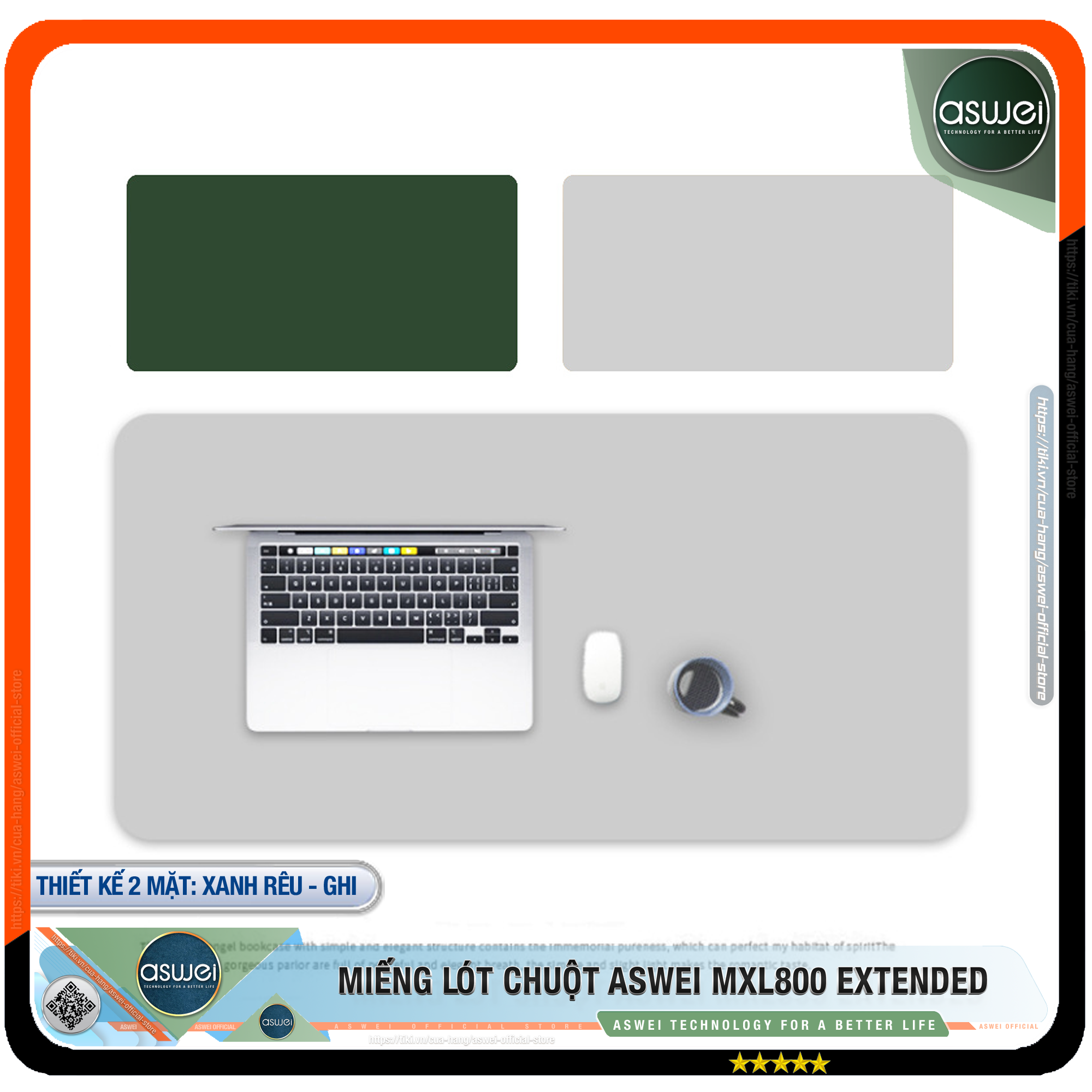 Lót Chuột ASWEI - Pad Chuột MXL800 Extended 80x40 - Miếng Lót Chuột Sử Dụng 2 Mặt Tiện Lợi - Chất Liệu Da Pu Cao Cấp - Tấm Lót Chuột Chống Nhăn, Không Thấm Nước - Hàng Chính Hãng