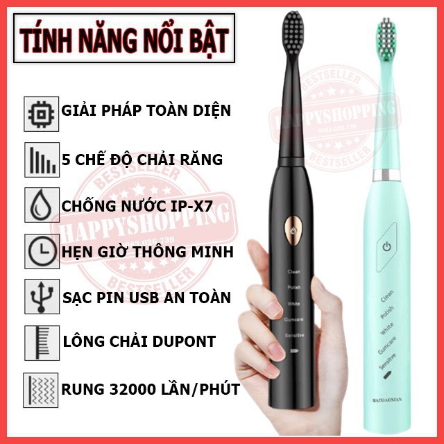 Bàn Chải Đánh Răng Điện PRO Công Nghệ Sóng Âm có sạc điện, Chải Sạch Mảng Bám mẫu mới hàng cao cấp