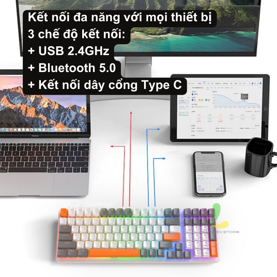 Bàn phím cơ ZIYOULANG K6 cao cấp - Phím cơ gaming 100 phím trục cơ kết nối bluetooth và USB, tuổi thọ 50 triệu lần bấm - Hàng nhập khẩu