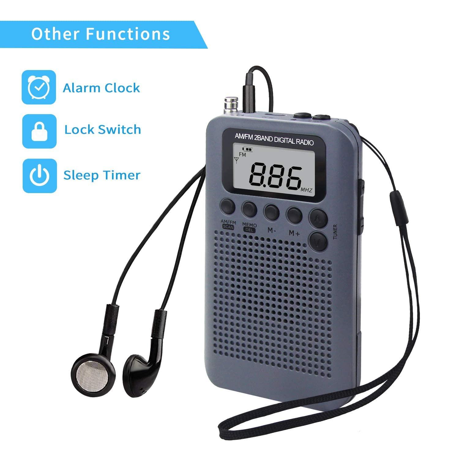 Đài phát thanh di động Mini Pocket Radio FM/Digital AM DSP Radio với đồng hồ báo thức và đồng hồ bấm giờ, radio di động với tai nghe, hỗ trợ pin có thể thay thế