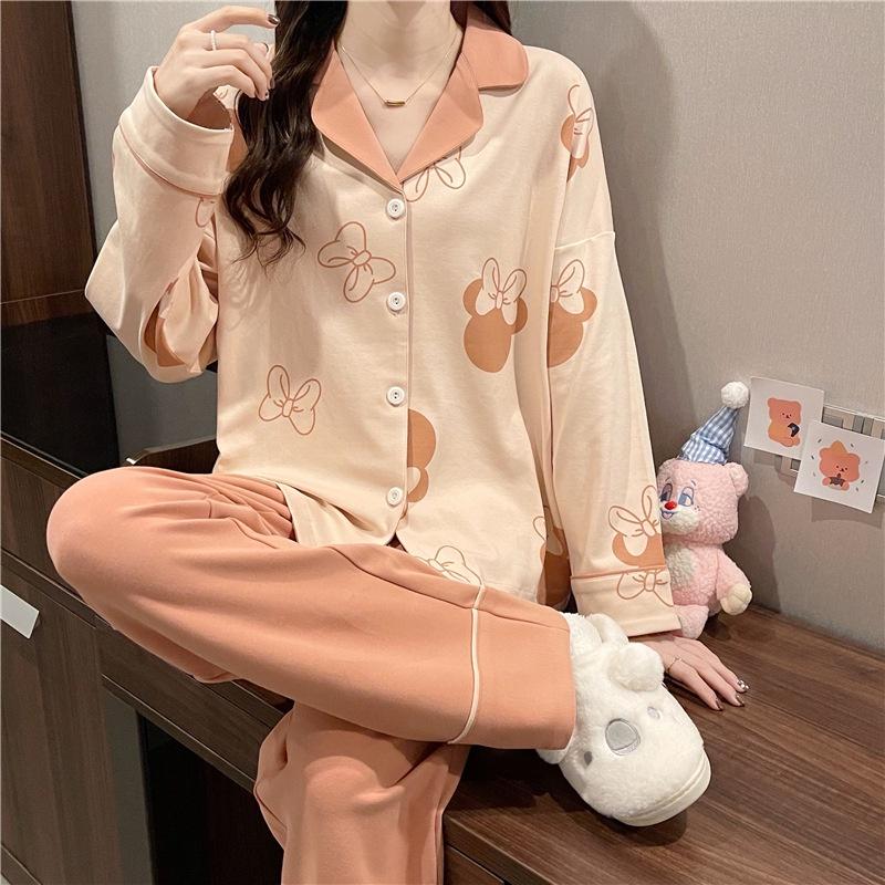 Đồ Mặc Nhà Pijama, Đồ Bộ Nữ Cotton Áo Dài Quần Dài Màu Kem Dễ Thương DDCP06