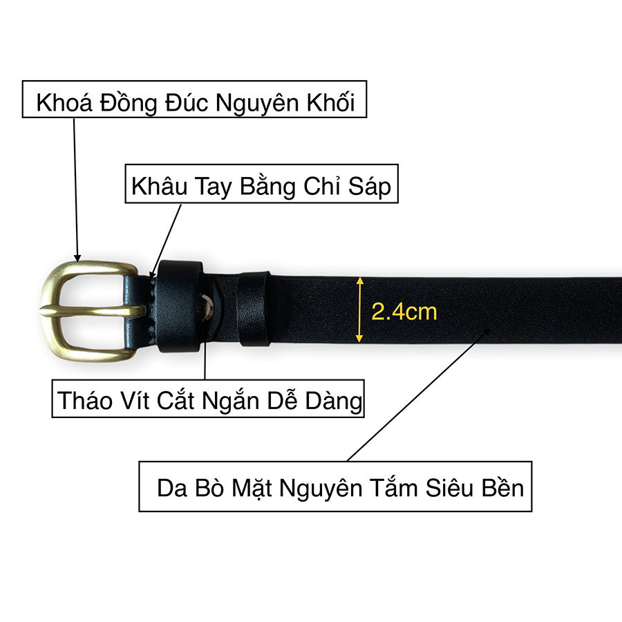 Thắt Lưng Da Bò Khóa Kim Bằng Đồng TM826 Bản Rộng 2.4cm Phù Hợp Cho Bạn Nữ Và Học Sinh Full Box