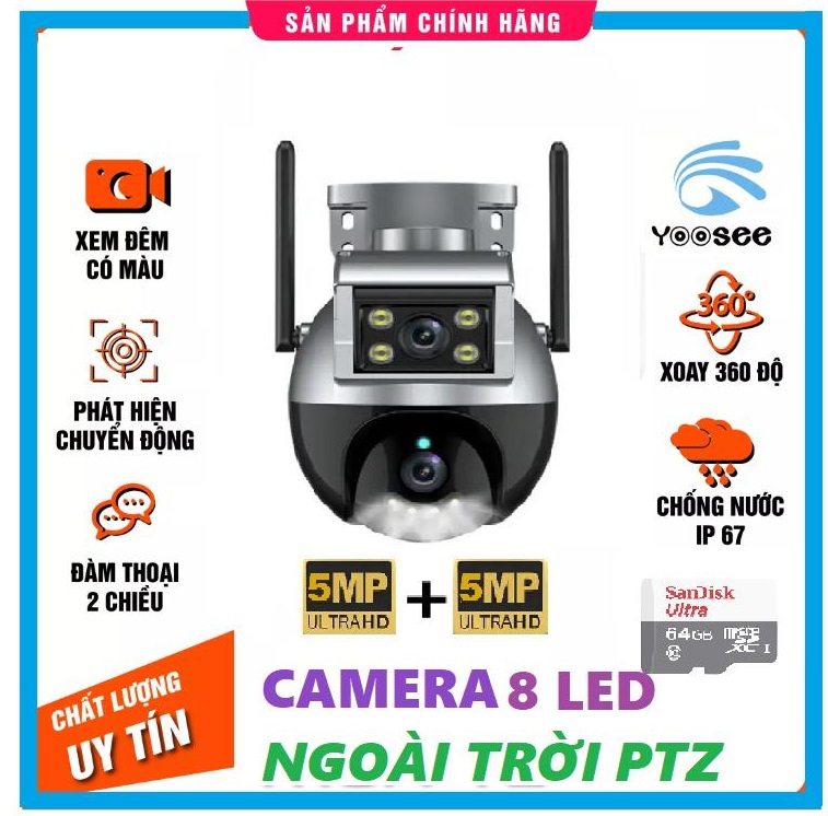 Camera ngoài trời yoosee 2 mắt kép Ptz 8led 5.0Mpx quay 360 độ, siêu nét, góc rộng, có màu ban đêm - Hàng nhập khẩu