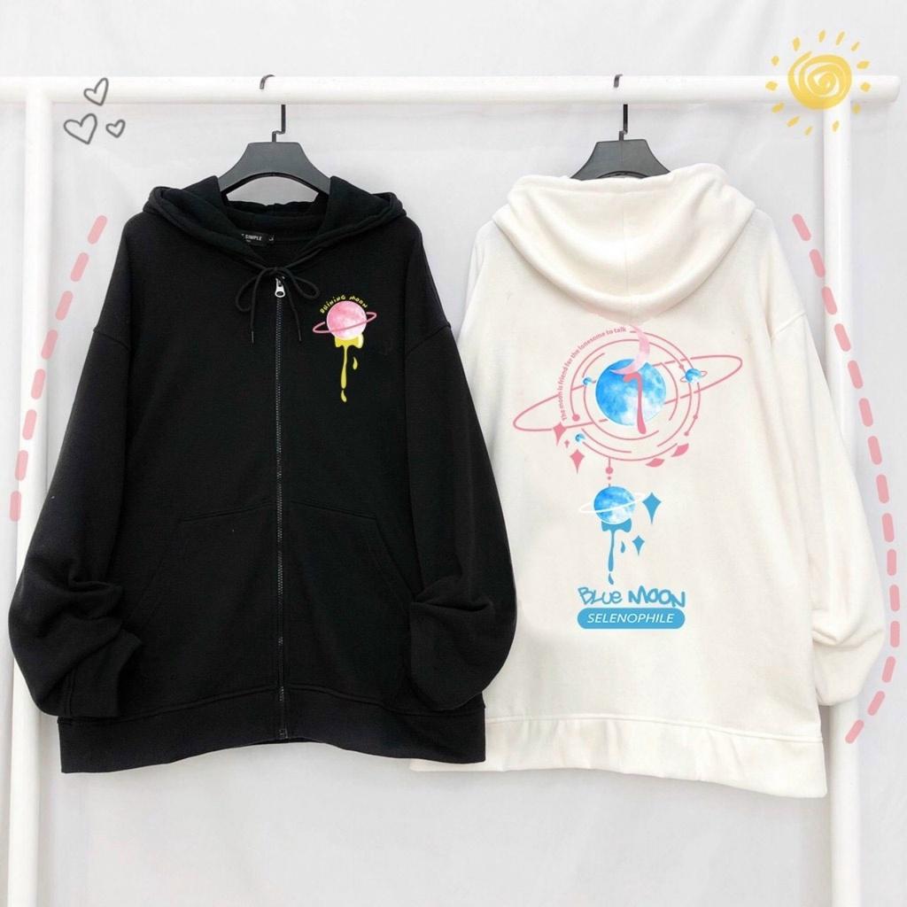 Áo Khoác Hoodie Nỉ Bông SHINING MOON Dây Kéo Form Rộng Unisex Nam Nữ Phong Cách Hàn Quốc Ulzzang KUN