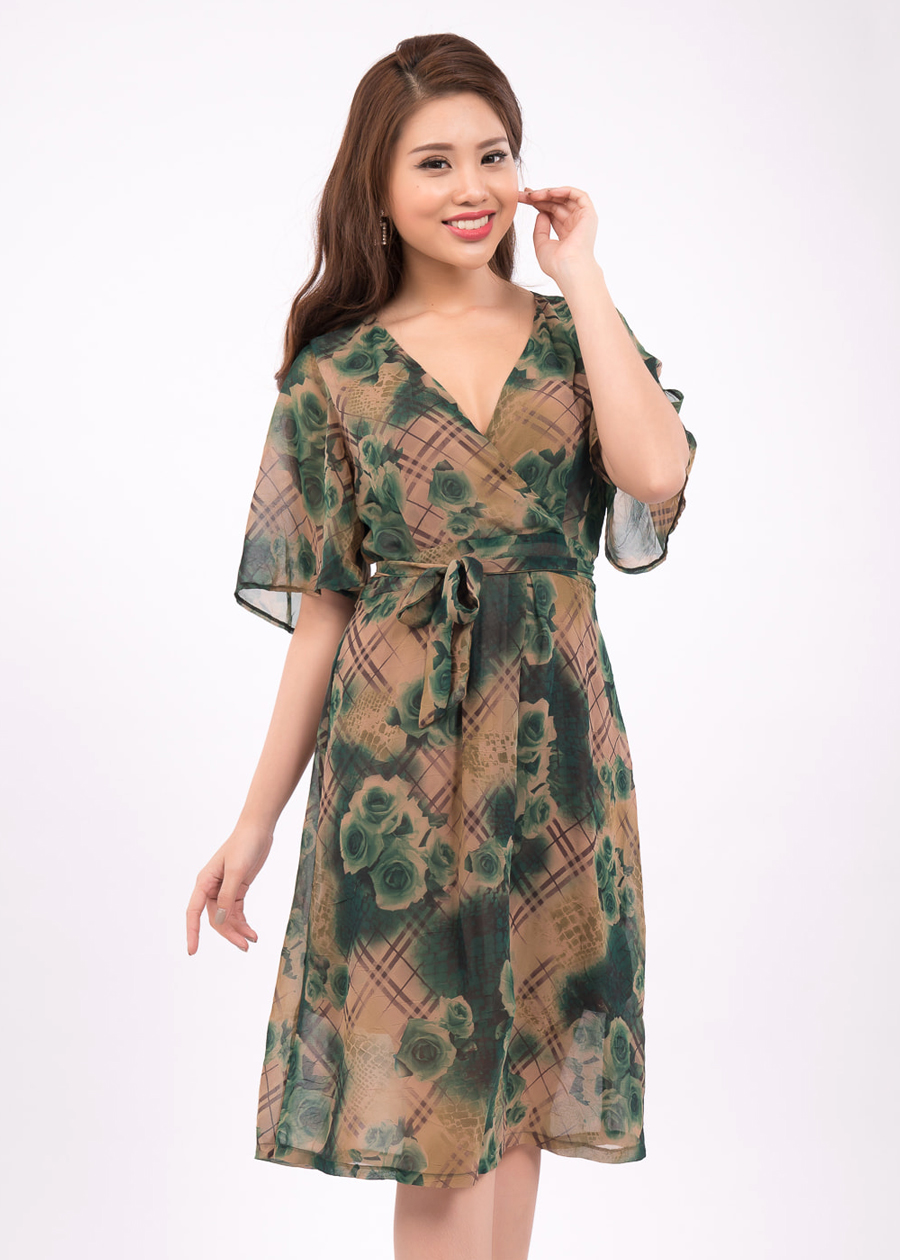 Đầm Xòe Cổ Tim Đắp Chéo Thắt Nơ Eo Hoa Xanh - Zerasy Fashion - MS 2019013