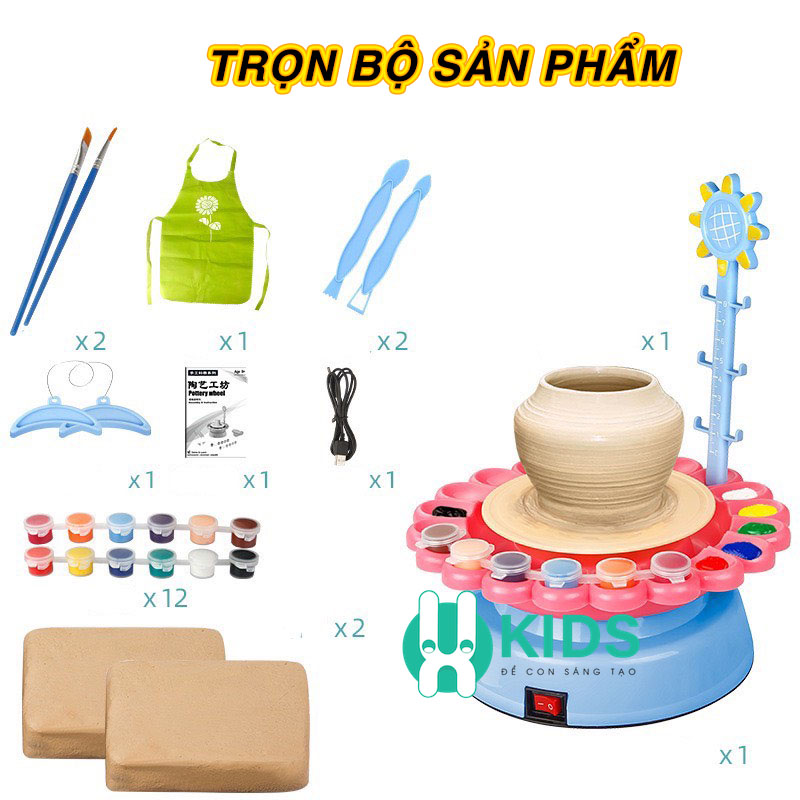 Đồ chơi máy làm gốm sứ handmade bằng đất sét cao cấp kèm tạp dề và 12 màu tô dễ thương cho bé