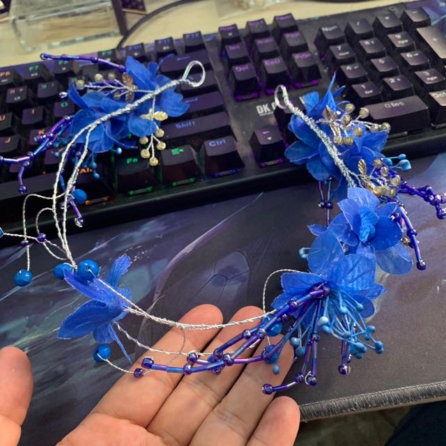 Cài tóc cô dâu hoa voan hạt trai xanh Bích