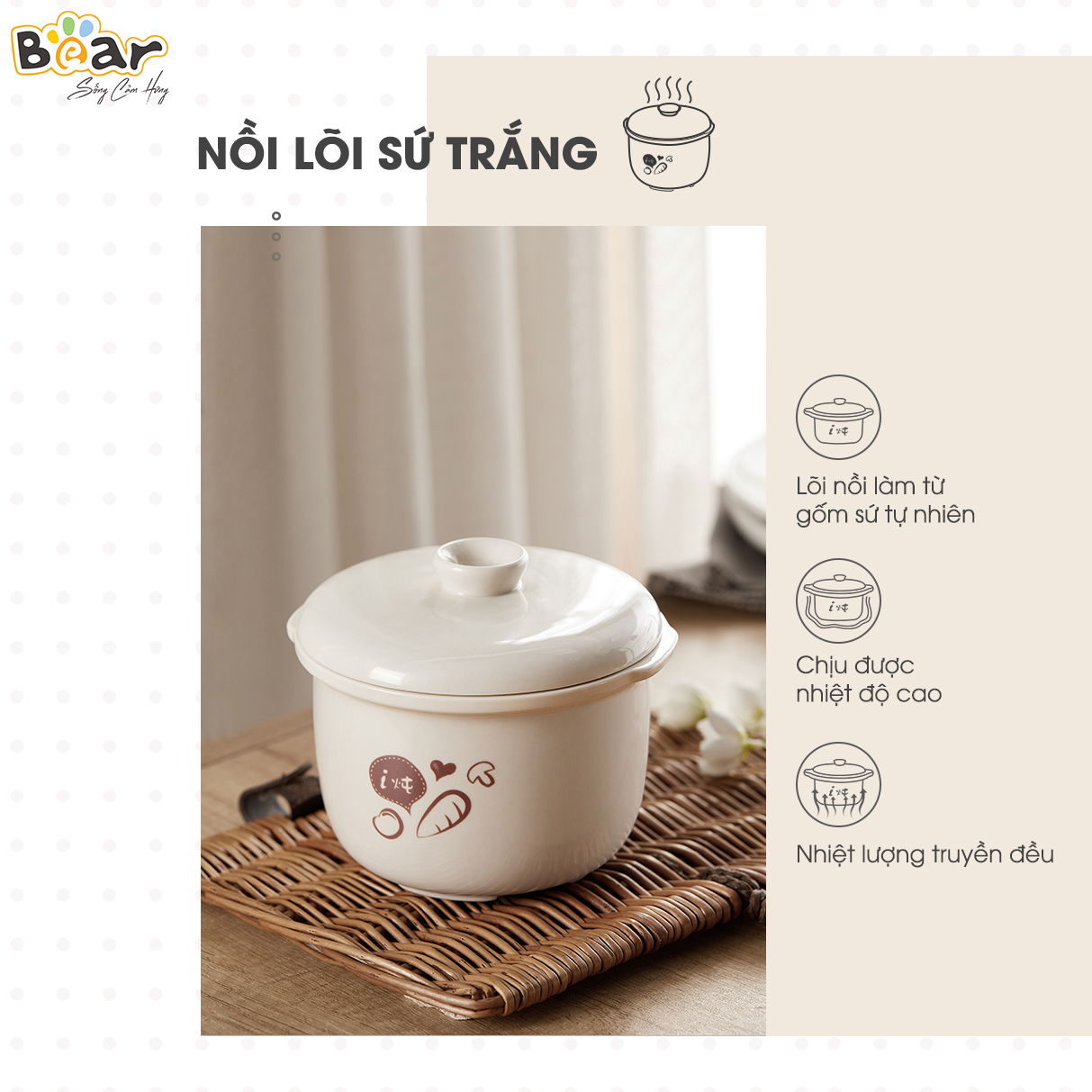 [Hàng Chính Hãng] Nồi nấu chậm Bear 0,8L SUBE001 (có lồng hấp). Đủ 3 màu: Vàng, hồng, nâu. sử dụng để Nấu, hấp, hầm cách thủy, giữ 100% giá trị dinh dưỡng có ruột nồi bằng sứ cao cấp.