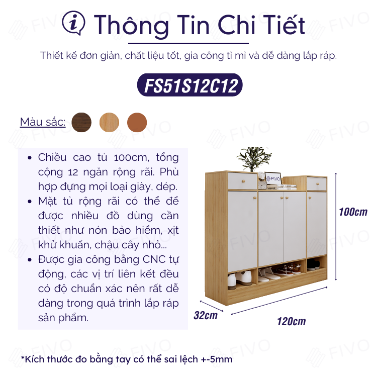 Tủ Giày Dép Gỗ MDF Lõi Xanh Chống Ẩm Dày 17mm FIVO FS51, Nhiều Ngăn Đựng Giày, Có Cửa Giúp Bảo Quản Tốt Giày Dép Khỏi Côn Trùng, Bụi Bẩn, Mặt Tủ Rộng Rãi Chứa Được Nhiều Đồ - Ngang 120cm