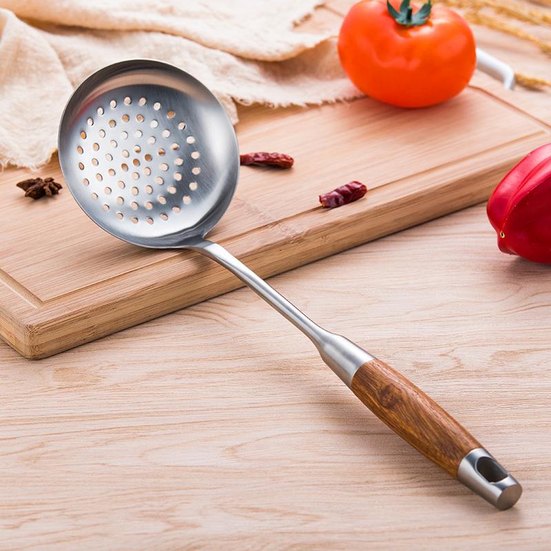 304 Thép Không Gỉ Tay Cầm Bằng Gỗ Lớn Chảo Chiên Rây Lọc Hộ Gia Đình Vật Dụng Nhà Bếp Nấu Canh Muỗng Dụng Cụ Nhà Bếp