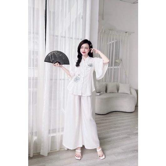 Đồ Bộ Nữ, Bộ Đồ Lam thêu hoa, lụa tuyết nhung, Freesize 40-65kg, tuỳ chiều cao
