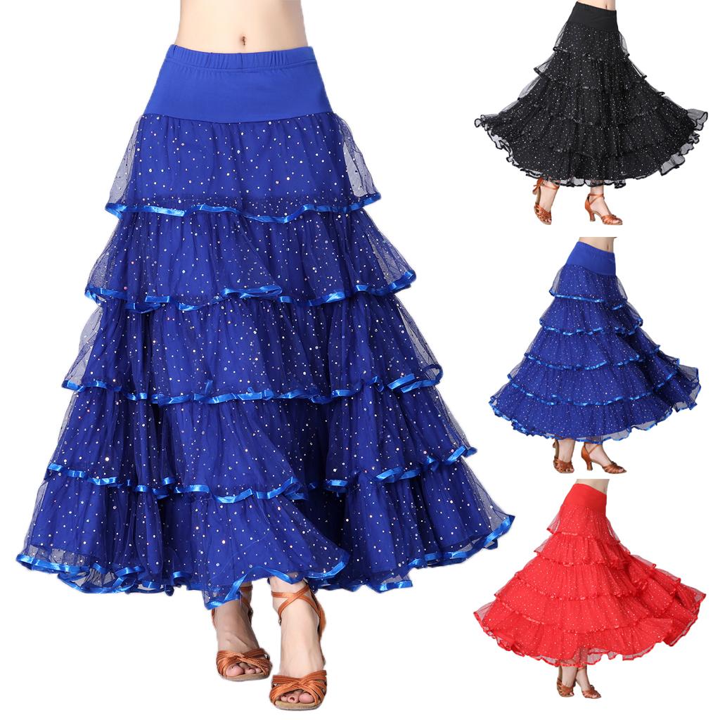 Womens Full Wing Flamenco Ballroom Modern Dance Skirt Full Swing Mesh Skirts