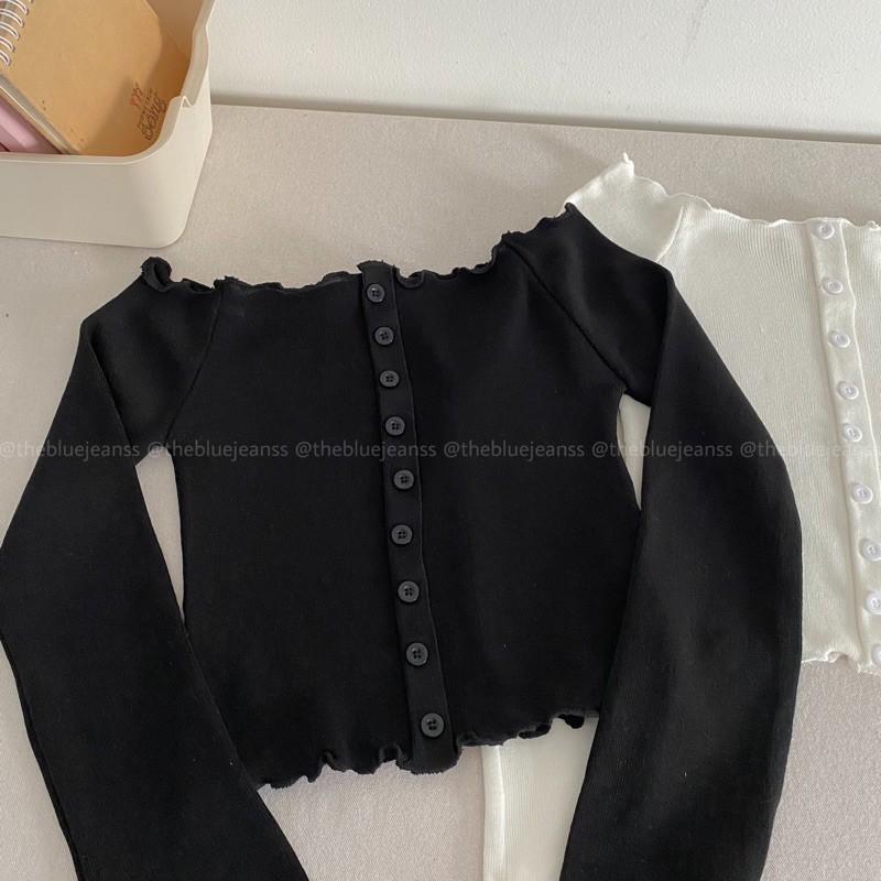 Áo Crop Top Tay Dài Có Nút Áo, Trễ Vai - Trắng Và Đen