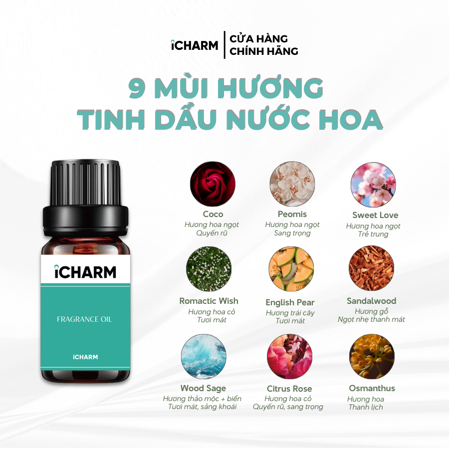 Tinh dầu xông phòng nước hoa, khách sạn 10ml, tinh dầu nước hoa, khách sạn iCHARM