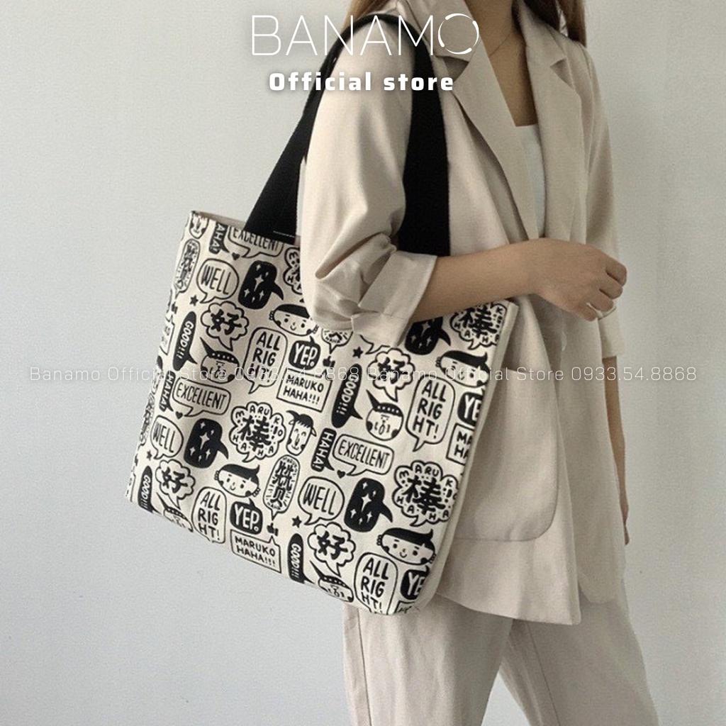 Túi vải tote canvas đeo vai phong cách Hàn quốc có khóa miệng ngăn phụ bên trong thời trang Banamo Fashion túi 01