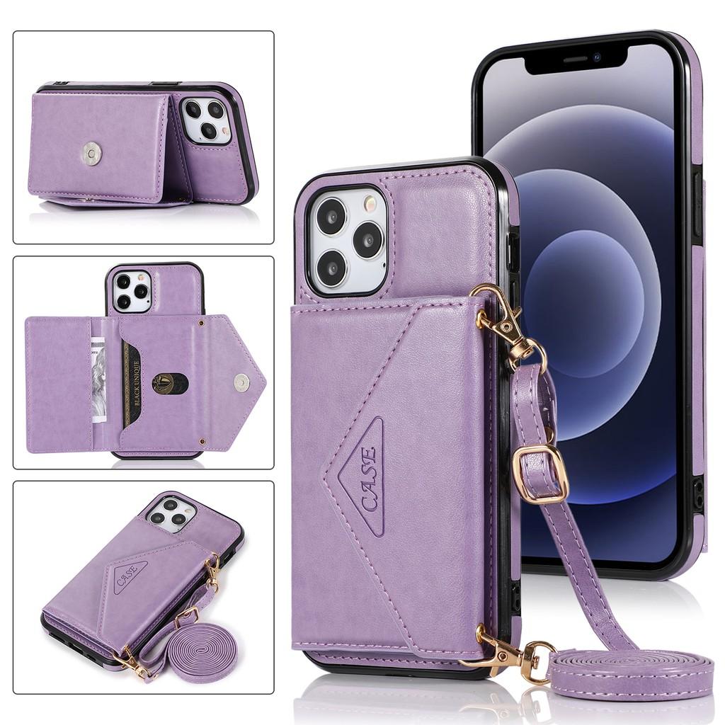 Ốp điện thoại PU kiêm ví đựng thẻ có dây đeo cho iPhone 12 Mini iPhone 11 Pro Max