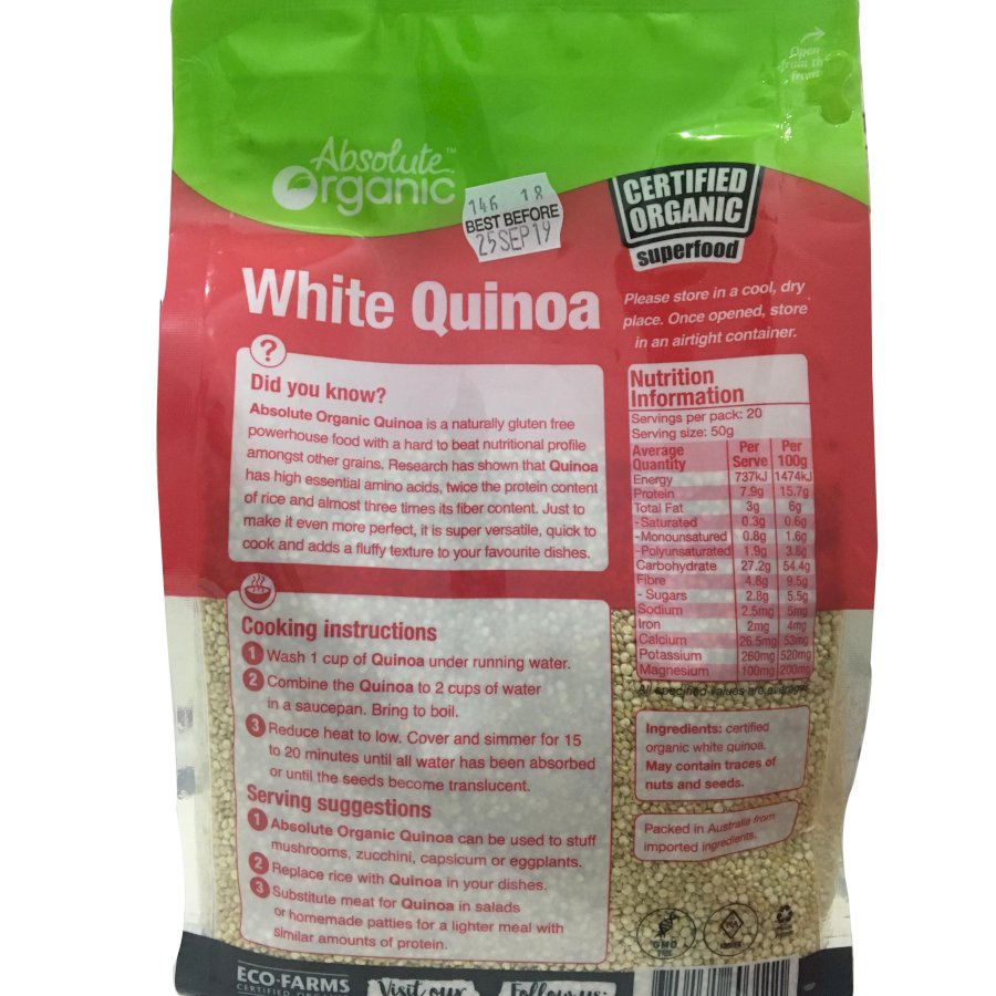 Hạt Diêm Mạch Hữu Cơ Úc Absolute Organic (Quinoa seed Túi 1kg)