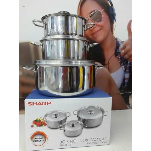 BỘ 3 NỒI SHARP 24cm 20cm 16cm NẮP INOX CAO CẤP DÙNG ĐƯỢC BẾP TỪ VÀ MỌI LOẠI BẾP - BỘ NỒI INOX CHẮC CHẮN TIỆN L