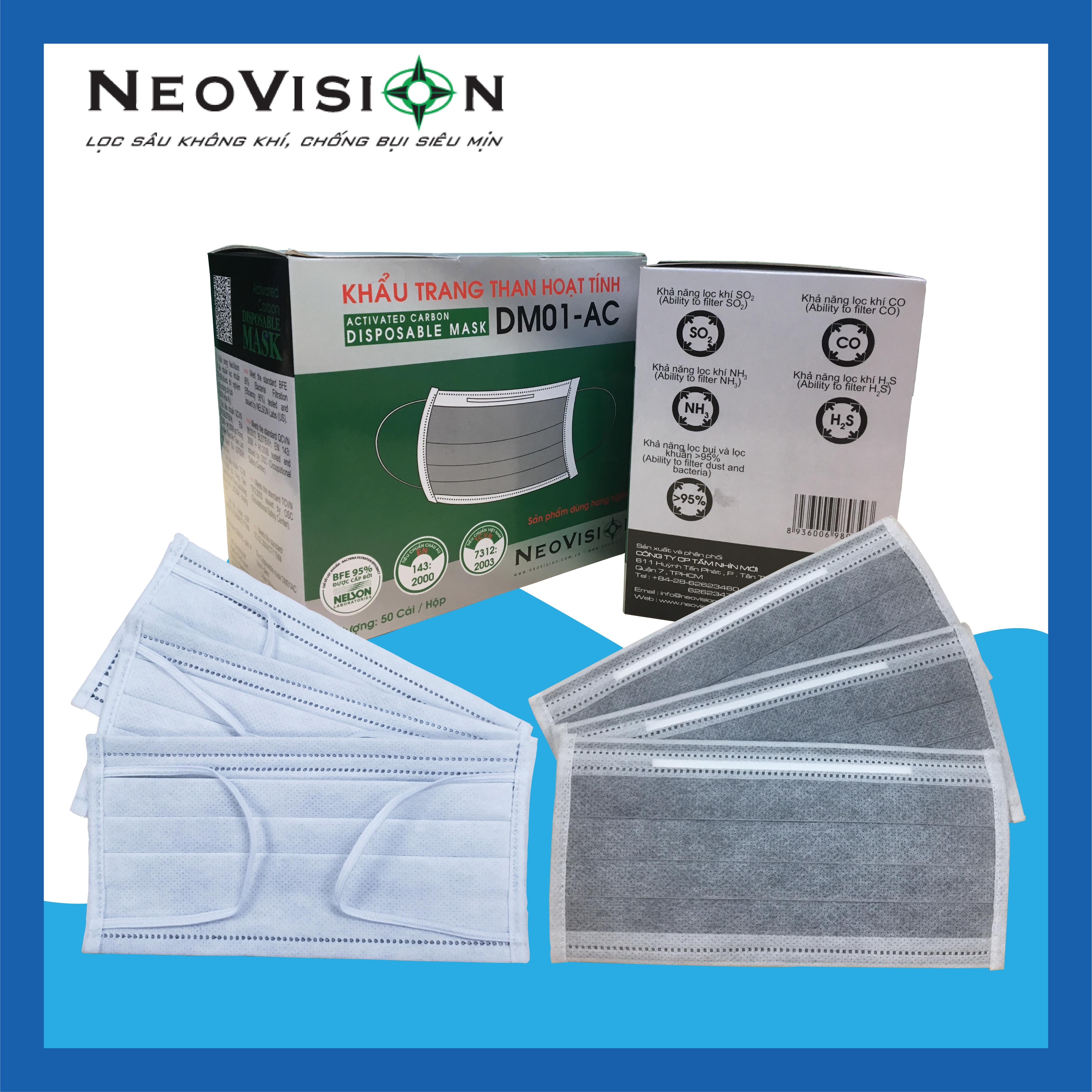 HỘP 50 KHẨU TRANG Y TẾ THAN HOẠT TÍNH 4 LỚP HÃNG NEOVISION CODE DM01AC