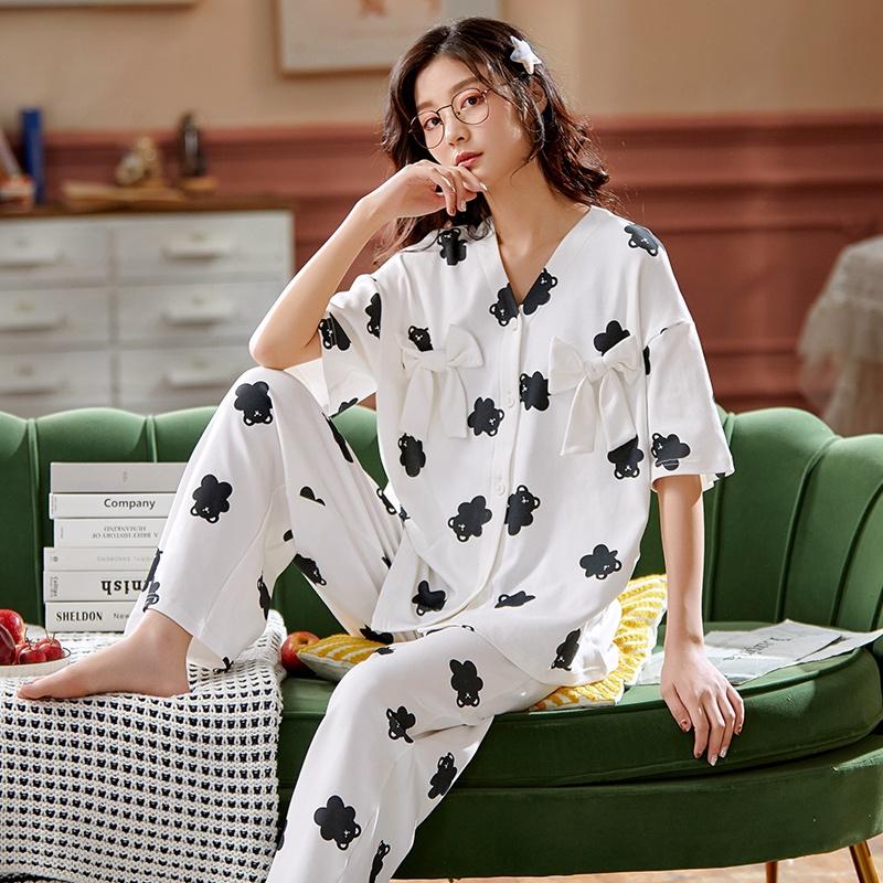 Bộ Pijama nữ cộc tay quần dài họa tiết phối trắng đen độc đáo, chất cotton 100% mềm thoáng