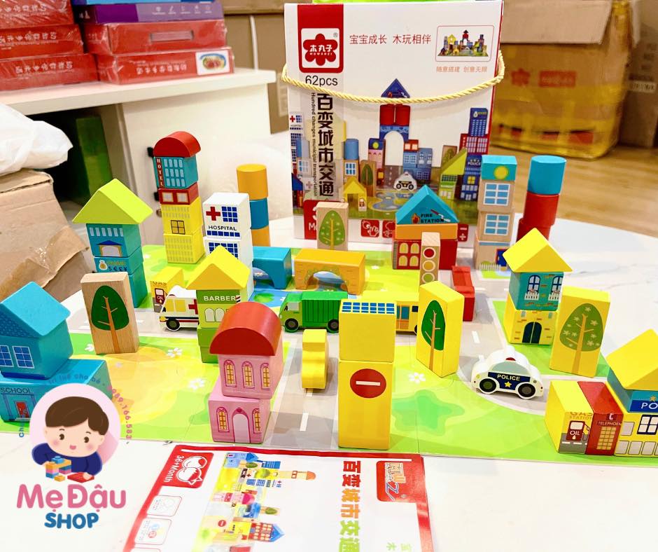 BỘ ĐỒ CHƠI LẮP GHÉP MÔ HÌNH THÀNH PHỐ BẰNG GỖ 62 CHI TIẾT