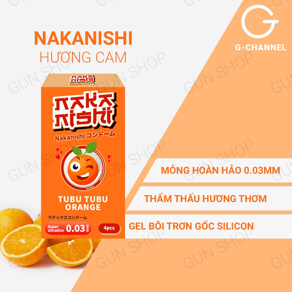 [Hộp 4 cái] Bao cao su Nakanishi - Siêu mỏng 0.03mm - Hương cam kèm 1 chiếc BCS Gun Super Thin