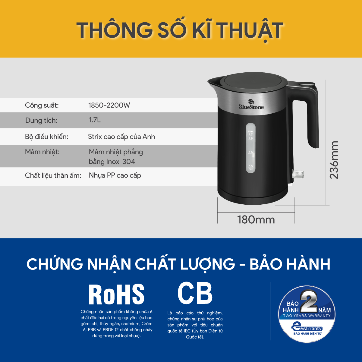 Ấm Đun Siêu Tốc BlueStone KTB-3418 1.7 Lít 1850-2200W - Hàng Chính Hãng