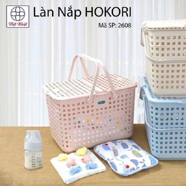 Giỏ đựng đồ sơ sinh hokori (2608), làn nhựa đựng đồ đi sinh nhựa Việt Nhật có nắp