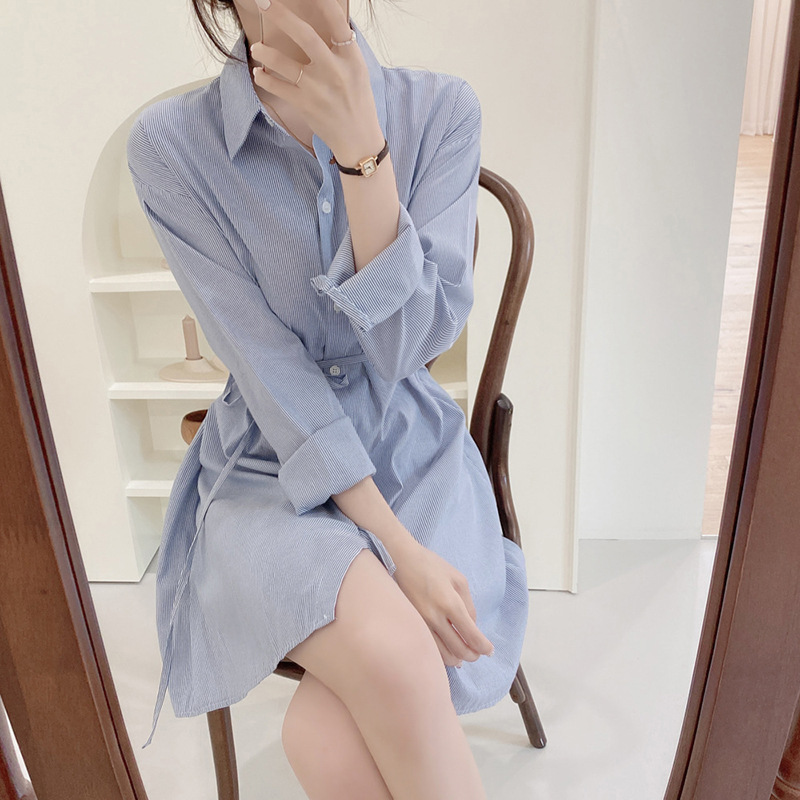 Đầm Sơ Mi Kẻ Sọc Thời Trang Dành Cho Nữ, Váy Thiết Kế Sơ Mi-Kẻ Xanh Hàn Quốc Hot Trend Đũi Việt DV26