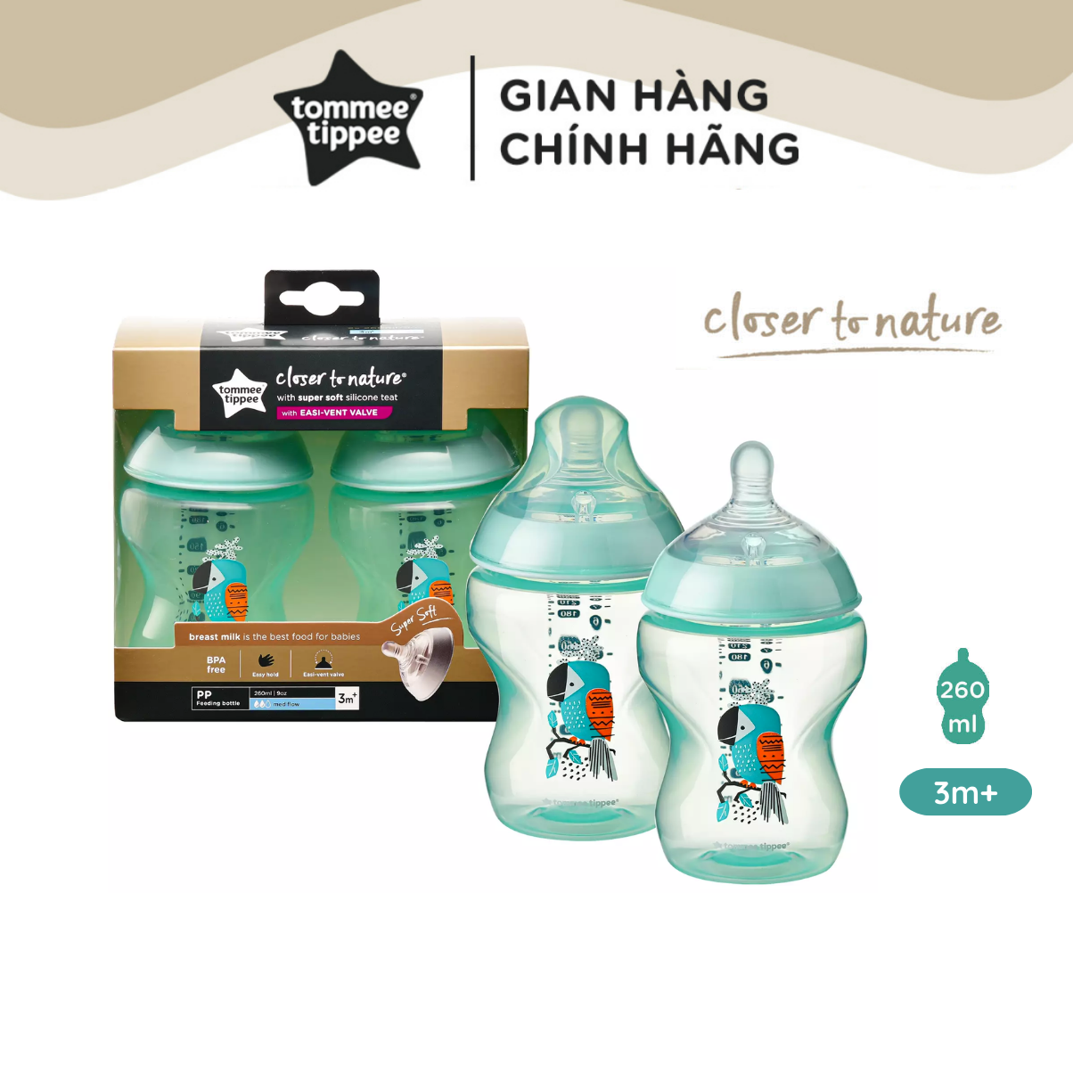 Bình Sữa Ty Siêu Mềm Tự Nhiên Tommee Tippee Closer To Nature 260ml, Núm Ty Đi Kèm 3-6 Tháng – Xanh Ngọc (Bình Đôi)