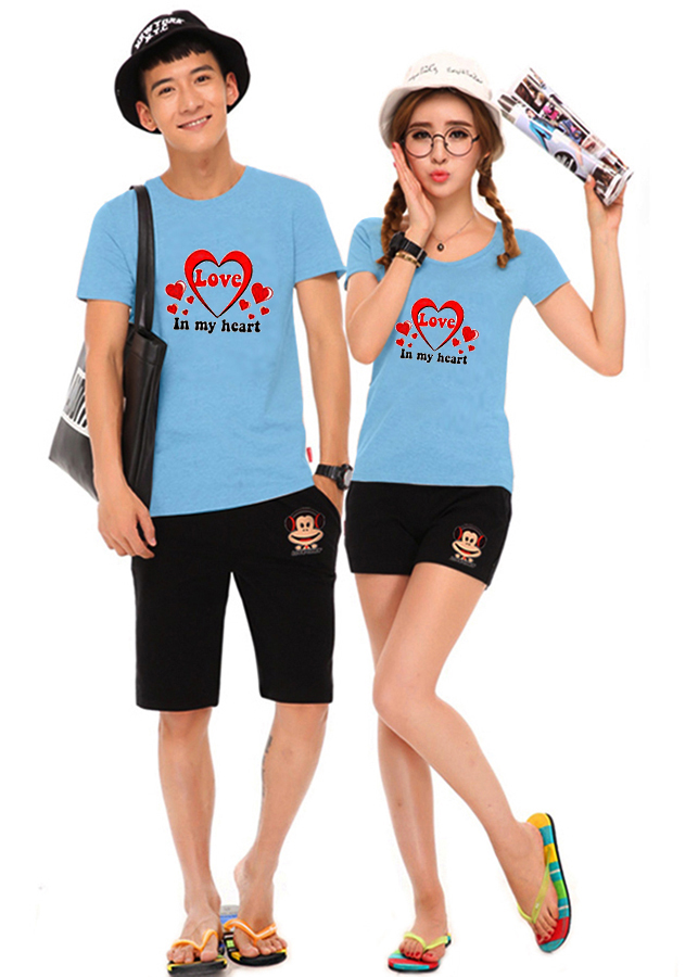 Bộ Áo Thun Đôi Nam Nữ Love In My Heart Màu Xanh Biển