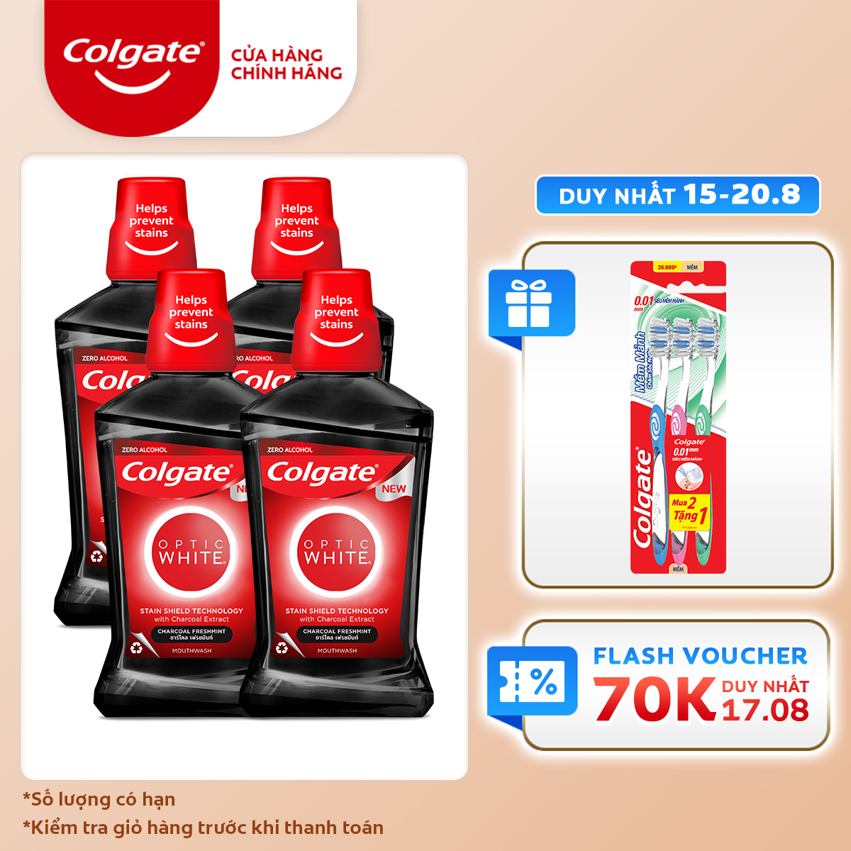 Bộ 4 Nước súc miệng Colgate trắng răng Optic White Charcoal Freshmint 500ml/chai