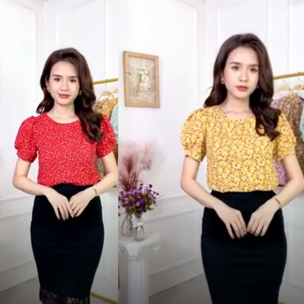 Áo kiểu nữ tay bèo hoa nhí cao cấp chất liệu lụa hàn châu có đủ size từ S đến xxl