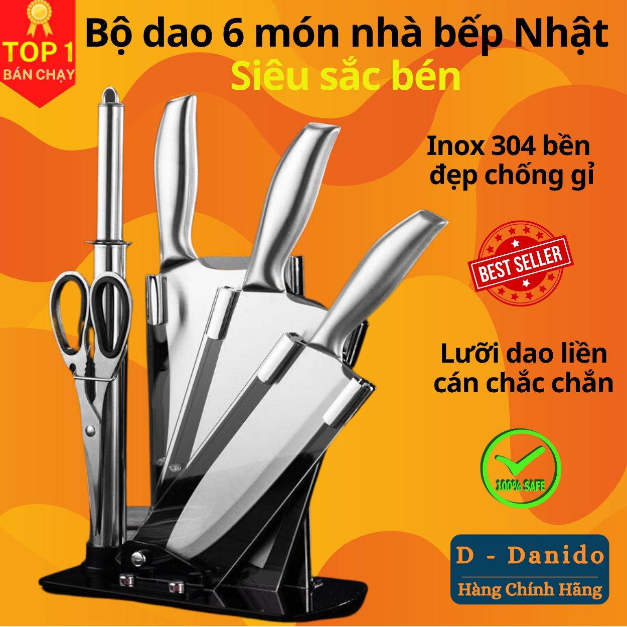 Bộ dao kéo Nhật inox 6 món đúc nguyên khối cao cấp sử dụng cho nhà bếp, kháng khuẩn tốt - tặng kèm bộ để dao thớt Chính hãng D Danido