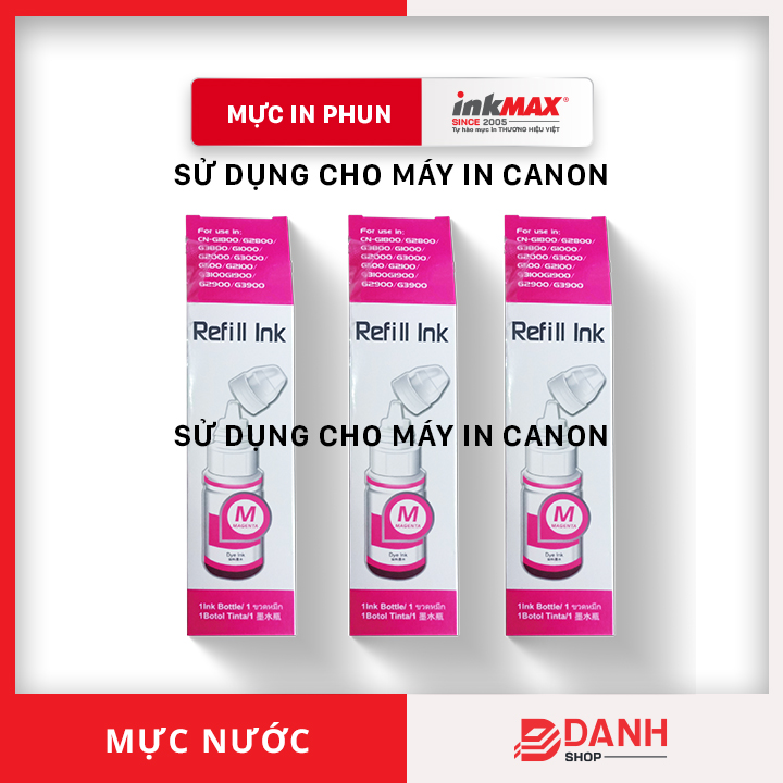 (1 màu) Mực nước Canon - inkMAX - BK: 135ml; C/Y/M: 70ml- Mực nước dùng cho các dòng máy in phun Canon: G1800 / 2800 / 3800 / 1000 / 2000 / 3000 / 1100 / 2100 / 3100 / 1900 / 2900 / 3900