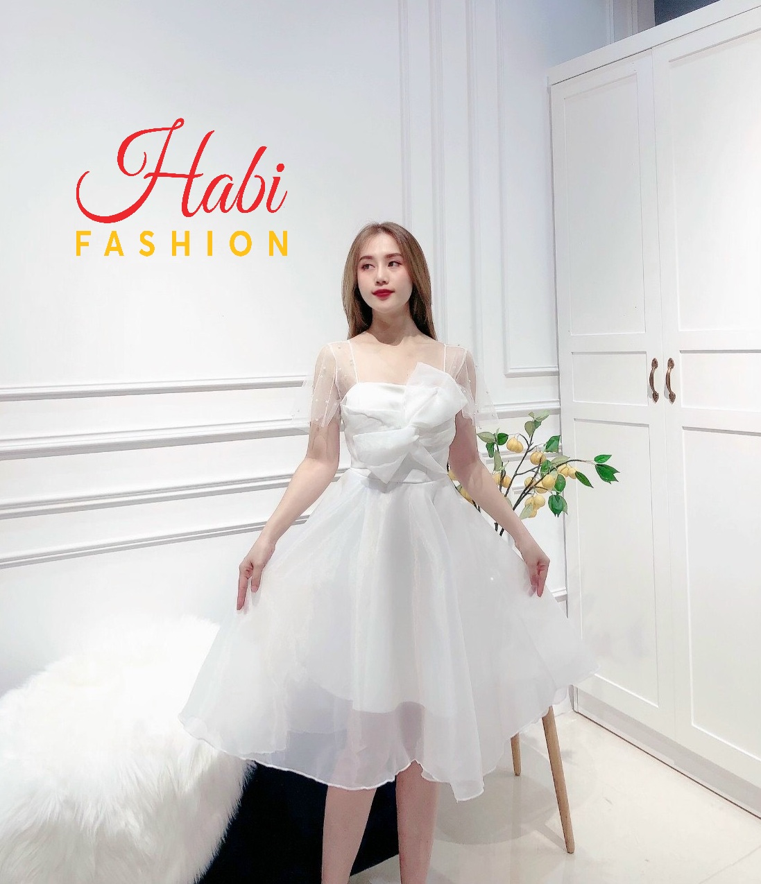 Đầm trắng công chúa nơ ngực dự tiệc, kỷ yếu, sinh nhật, đi cưới... xinh xỉu tay lưới ngọc có mút ngực