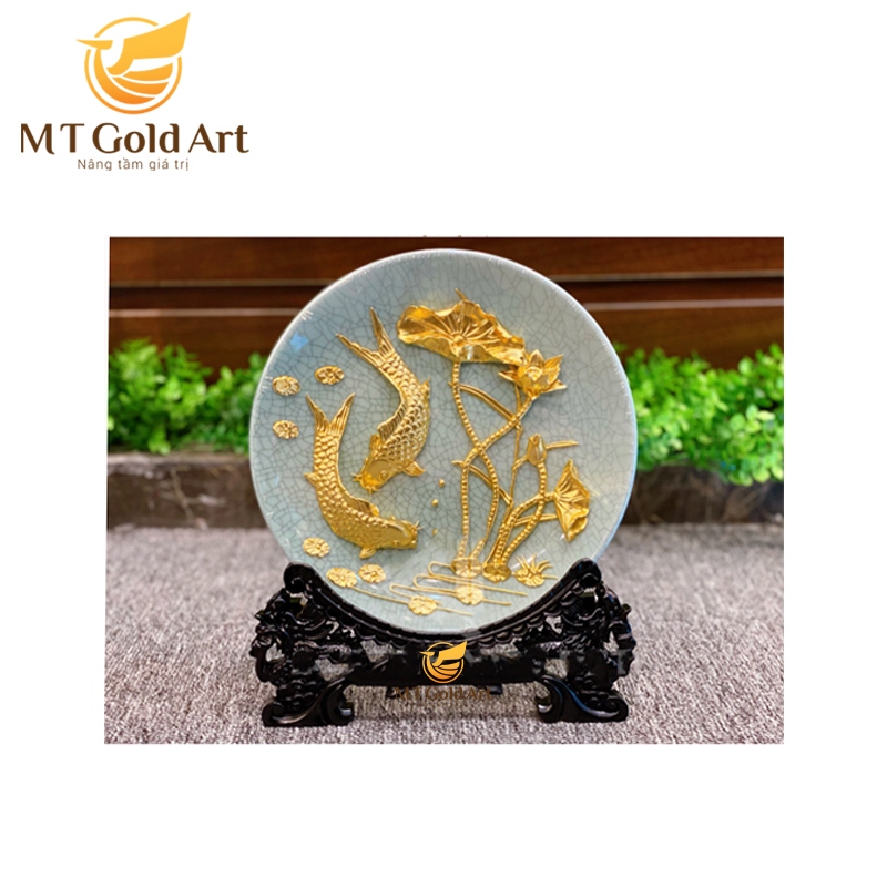 Đĩa cá chép hoa sen dát vàng 24k MT Gold Art- Hàng chính hãng, trang trí nhà cửa, phòng làm việc, quà tặng sếp, đối tác, khách hàng, tân gia, khai trương