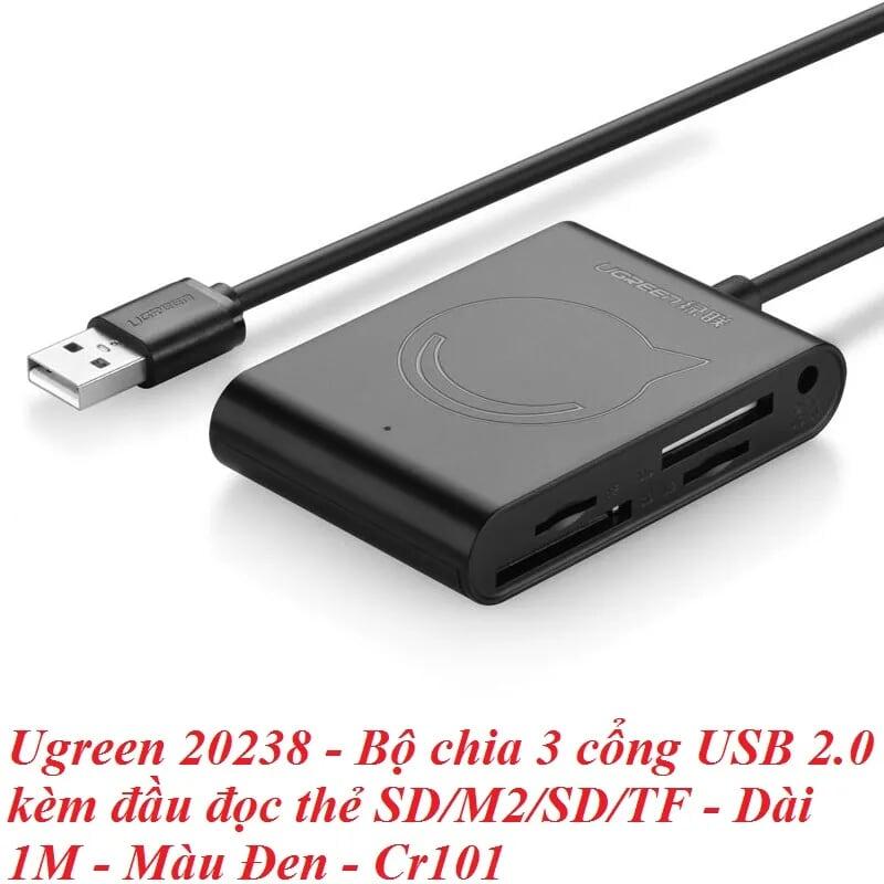 Ugreen UG20238CR101TK 1M Màu Đen Bộ chia 3 cổng USB 2.0 kèm đầu đọc thẻ SD/M2/SD/TF - HÀNG CHÍNH HÃNG