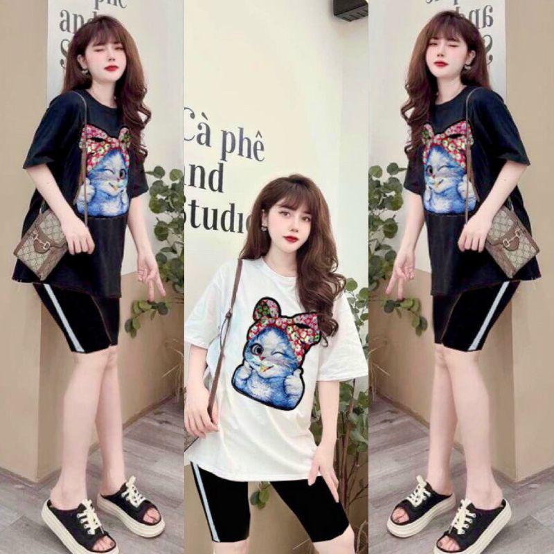 Bộ đồ thể thao nữ phối hoạ tiết mèo kim sa