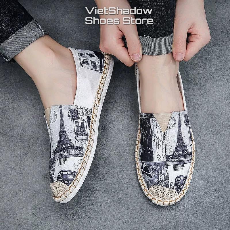 Giày lười vải nam in họa tiết - Slip on nam đế cói - Chất liệu vải bố cotton 2 màu đỏ và xám - Mã 2951