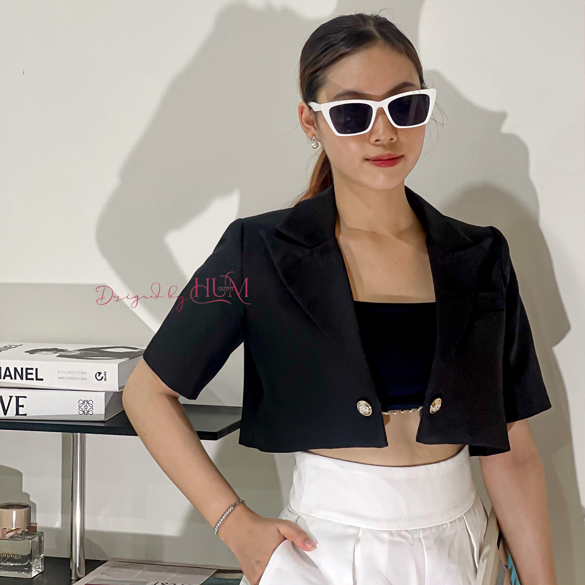 Áo Blazer nữ, áo vest nữ tay ngắn, dáng Croptop, Nút dây xích chưa có trên thị trường - Hàng thiết kế Aries B01