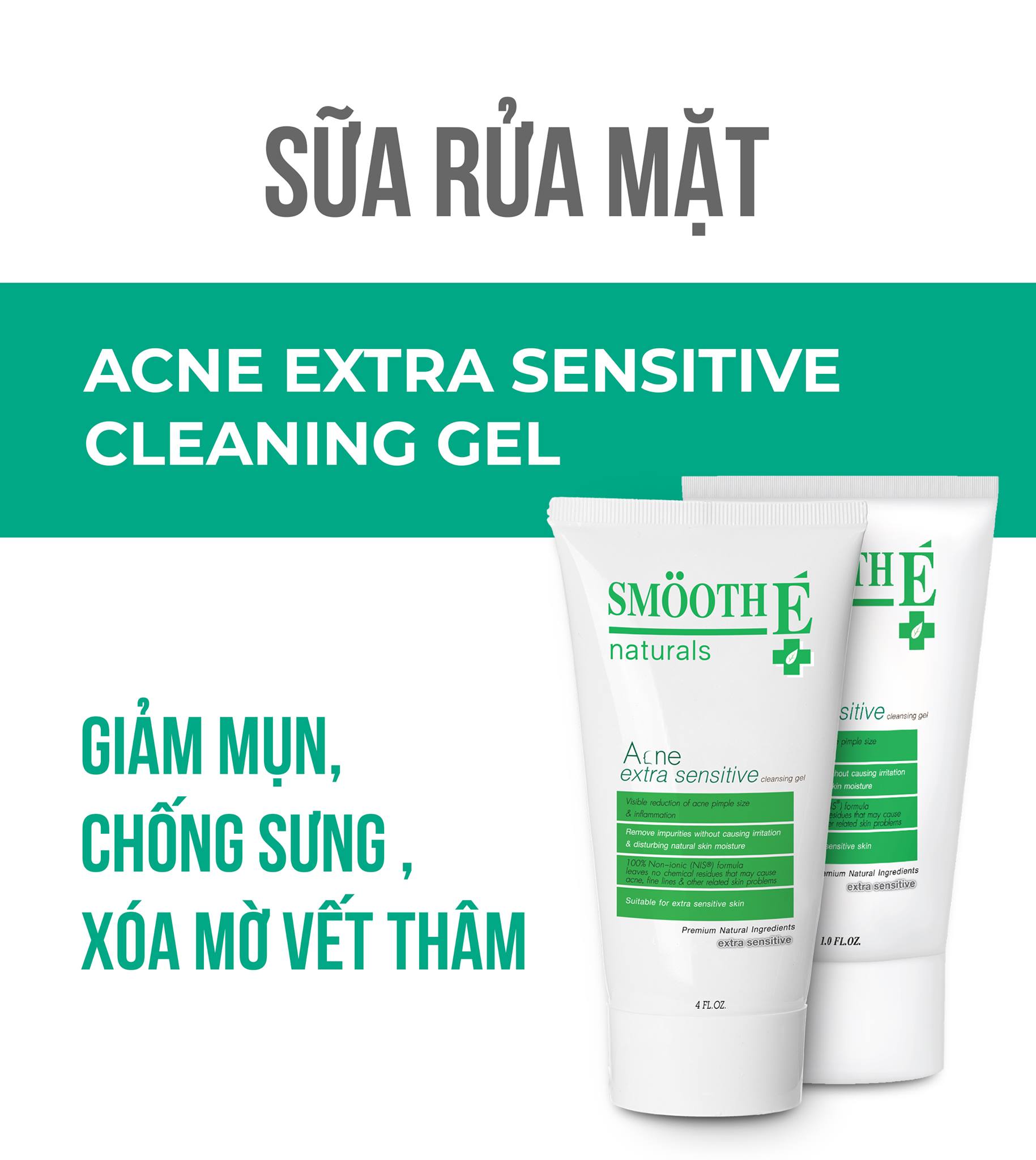 Combo bộ 3 Smooth-E Sữa rửa mặt kem dưỡng và kem chống nắng mùa hè cho da mụn