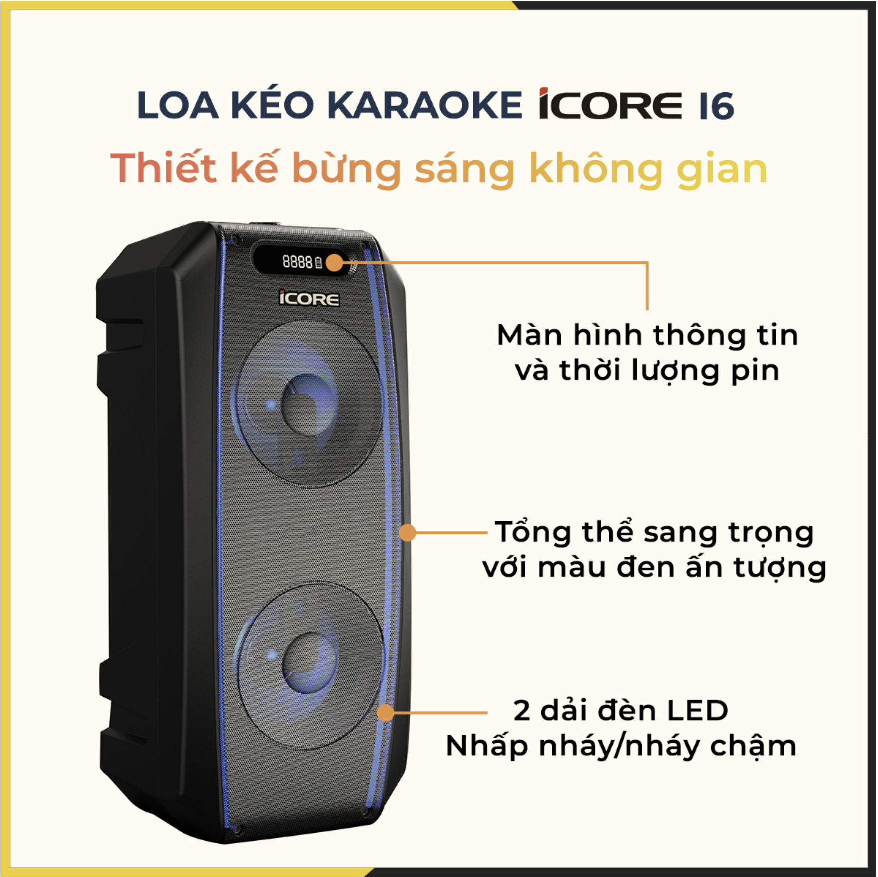 Loa du lịch iCore i6 - Loa karaoke bluetooth xách tay - Kèm 2 micro UHF cao cấp - Hàng Chính Hãng