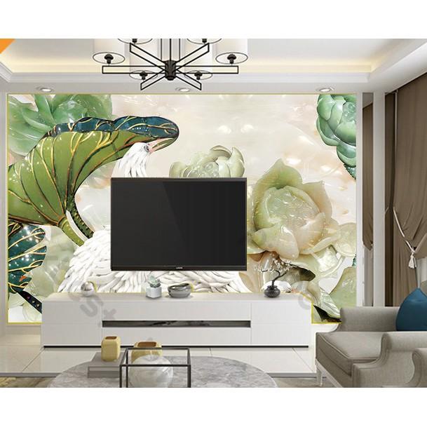Tranh dán tường Tranh trang trí chim hồng hạc hoa sen nổi bật, tranh 3d dán tường hiện đại MS621699