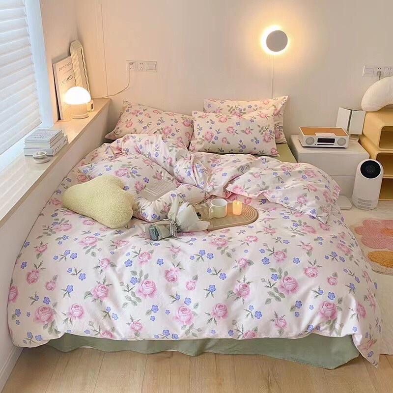 Set Cotton Living Hàng Nhập Khẩu Cao Cấp 4 Món hoa hồng