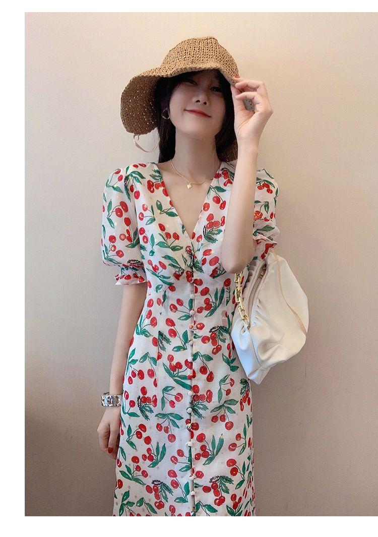 DONGSHOP 2021 mùa hè thắt lưng ngọt ngào trà nghỉ váy nữ Pháp anh đào chiffon hoa bong bóng tay áo đầm dài