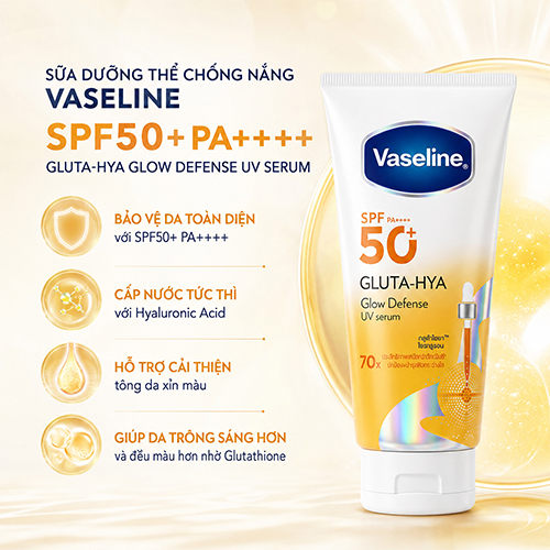 Sữa dưỡng thể chống nắng Vaseline SPF50+ PA++++ Gluta - Hya Glow Defense UV Serum (260ml) - Hàng chính hãng