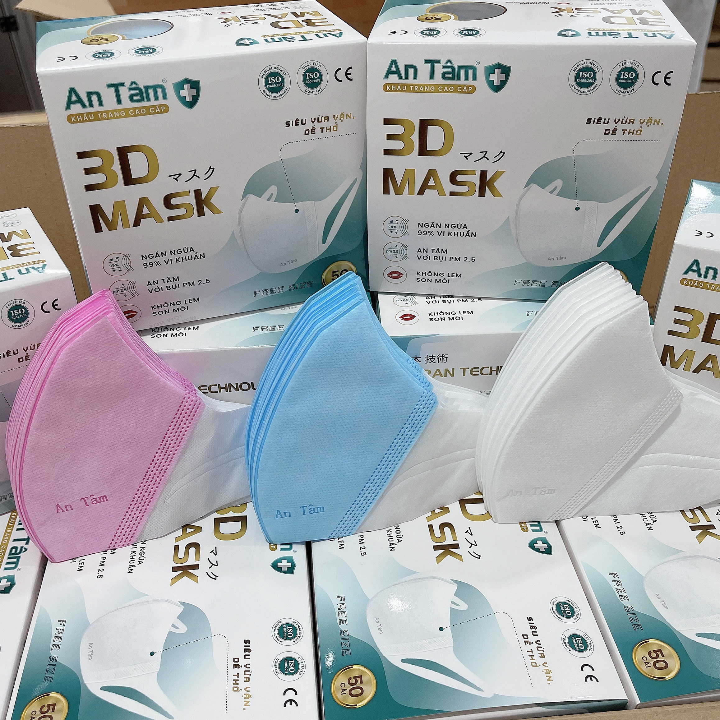Khẩu trang 3d mask kháng khuẩn ngăn bụi mịn dây đeo mềm mại dễ thở hộp 50 cái chính hãng An Tâm_AT3D50O